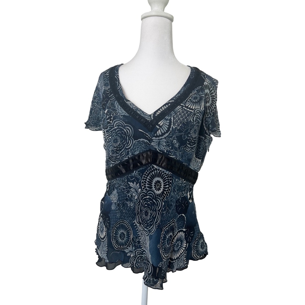 Nine West Y2K Silk Blue Floral Sheer Lined Fairy Whimsygoth Flutter Top‎ Size 12